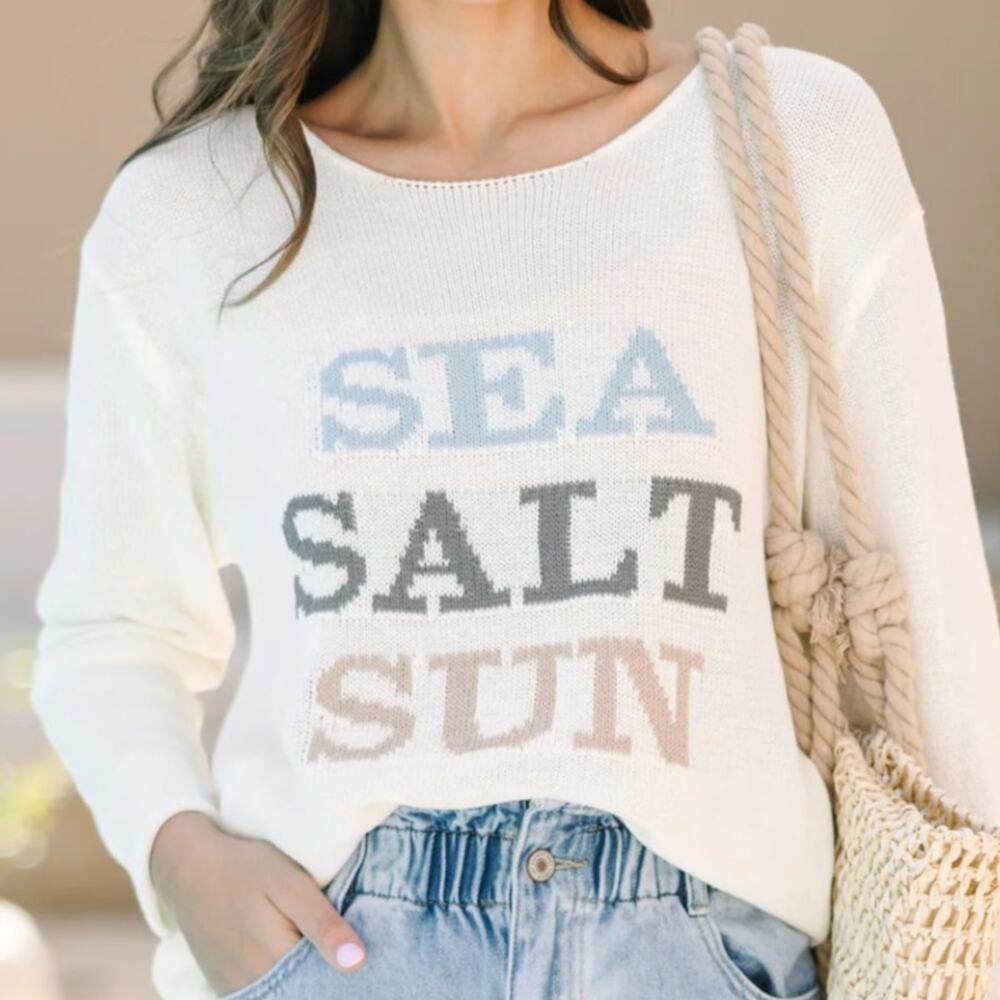 Gilli SZ L Sea Salt Sun Graphic Sweater Cream Lightweight Beachy Coastal NEW